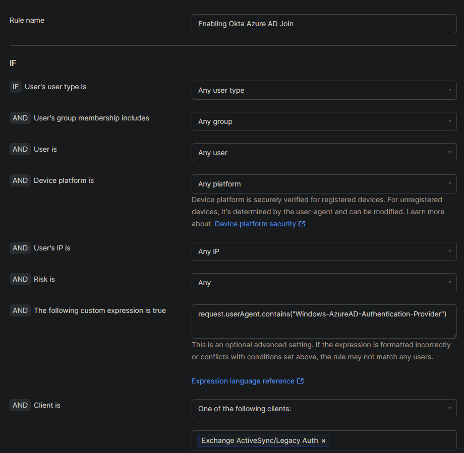 Okta Sign-On Policy Rule showing user agent allowlist for Hybrid Join