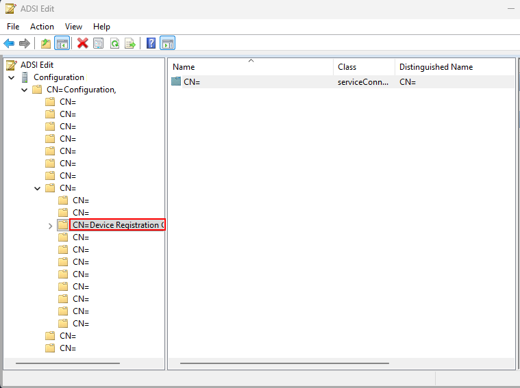 ADSI Edit showing SCP object